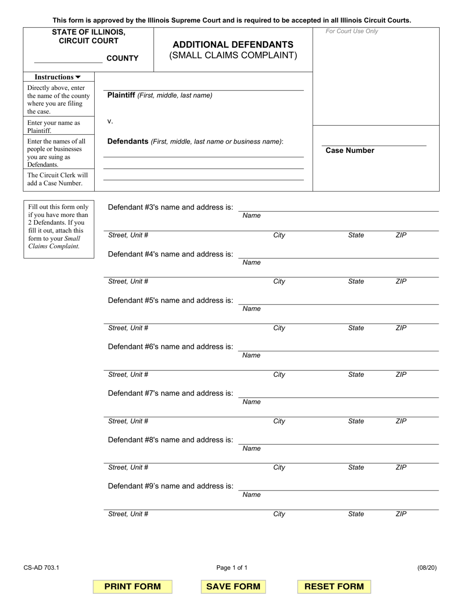 Form CS-AD703.1 Additional Defendants (Small Claims Complaint) - Illinois, Page 1
