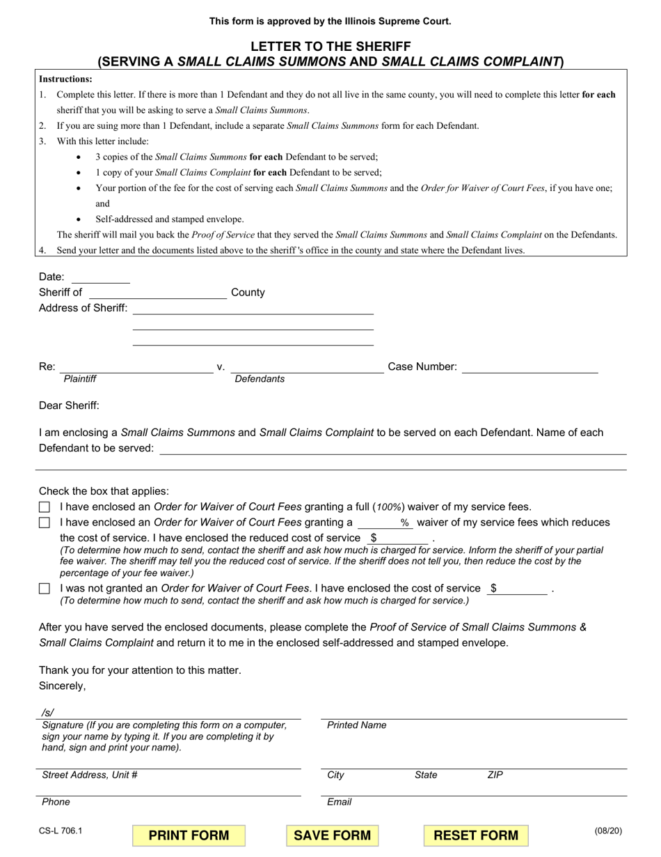 Form CS-L706.1 Letter to the Sheriff (Serving a Small Claims Summons and Small Claims Complaint) - Illinois, Page 1