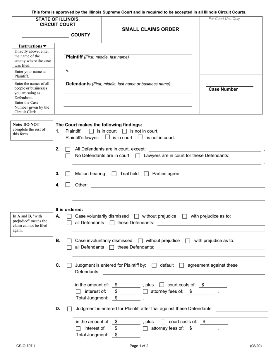 Form CS-O707.1 Small Claims Order - Illinois, Page 1