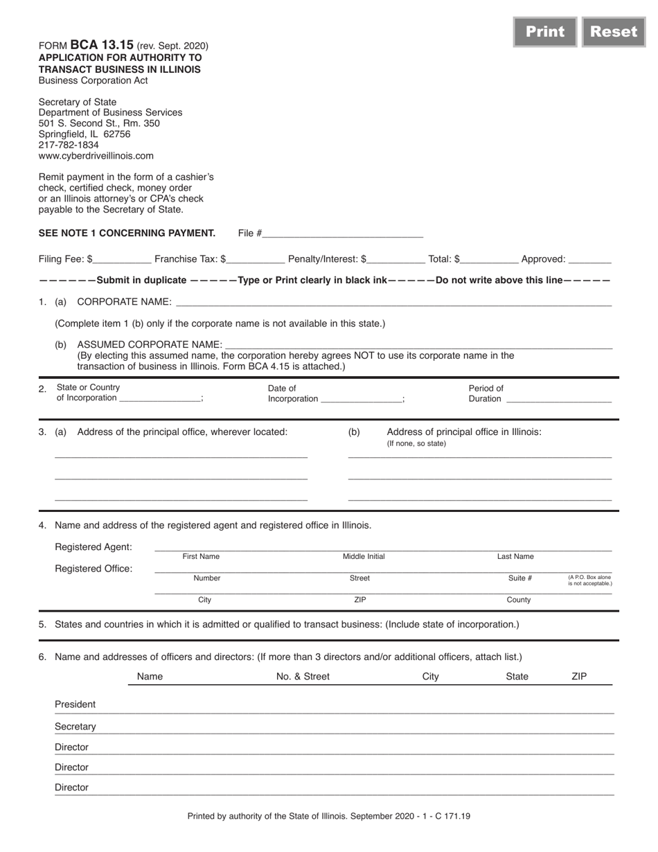 Form BCA13.15 Application for Authority to Transact Business in Illinois - Illinois, Page 1