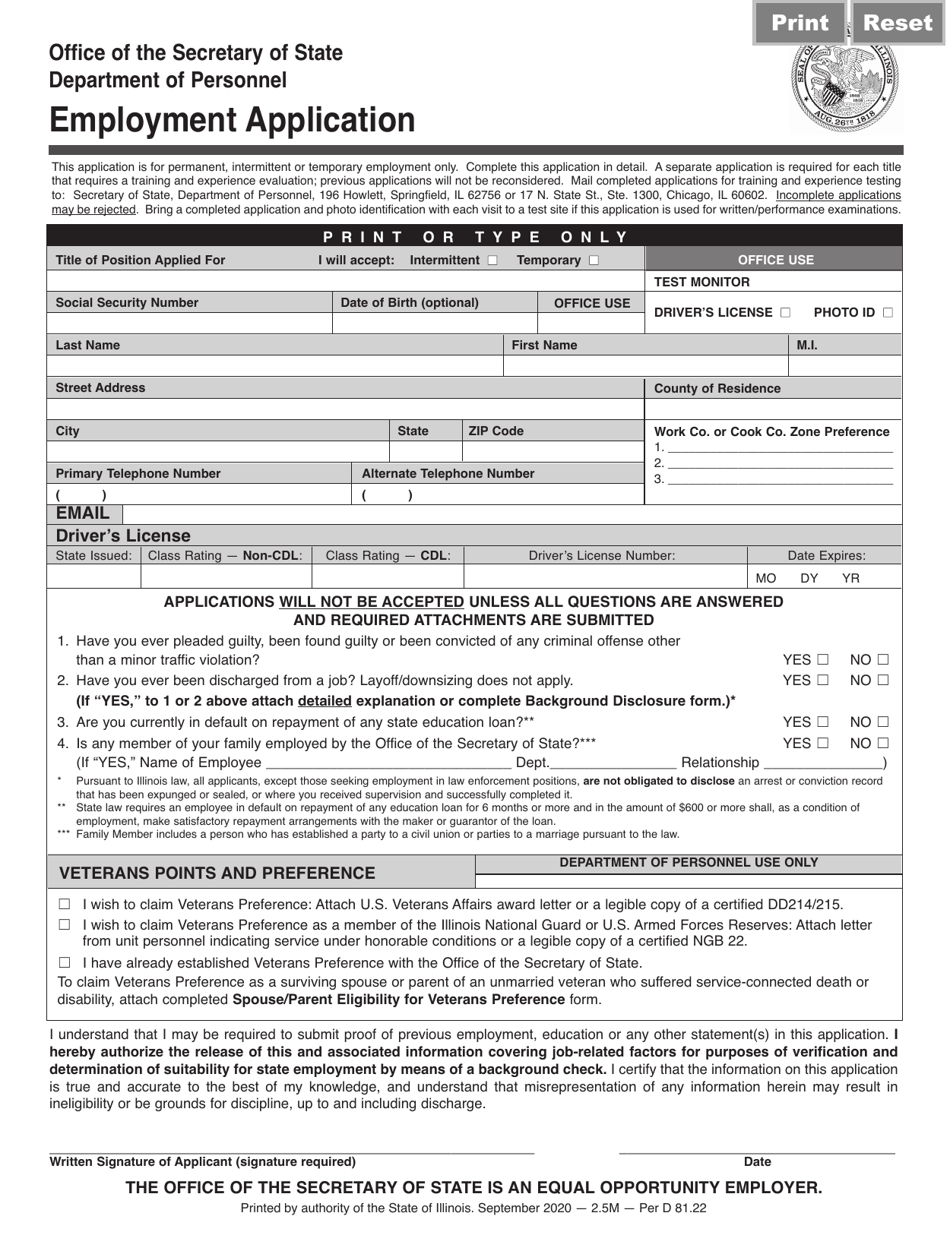 Form Per D81 Employment Application - Illinois, Page 1