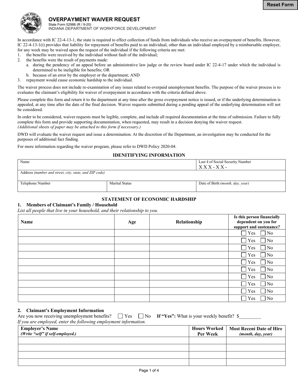 State Form 52986 Overpayment Waiver Request - Indiana, Page 1