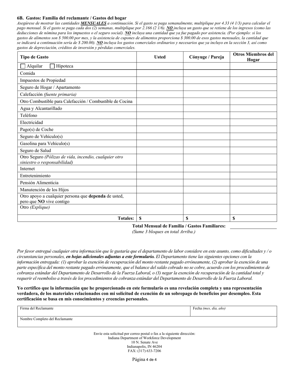 Formulario del Estado 57026 Solicitud De Exencion Por Sobrepago - Indiana (Spanish), Page 4
