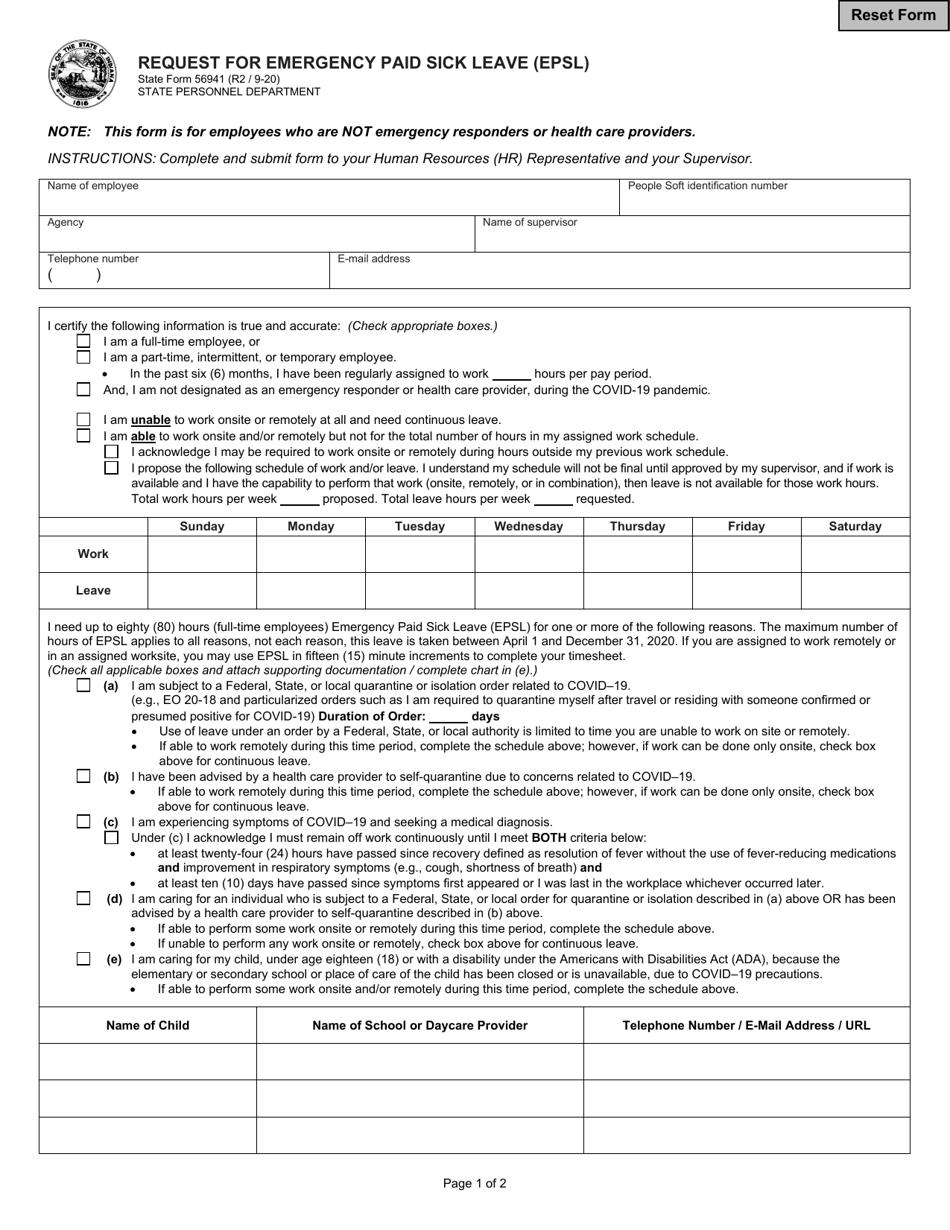 State Form 56941 Request for Emergency Paid Sick Leave (Epsl) - Indiana, Page 1