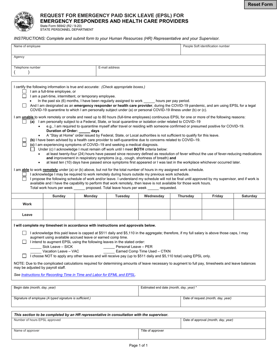 State Form 56942 Request for Emergency Paid Sick Leave (Epsl) for Emergency Responders and Health Care Providers - Indiana, Page 1