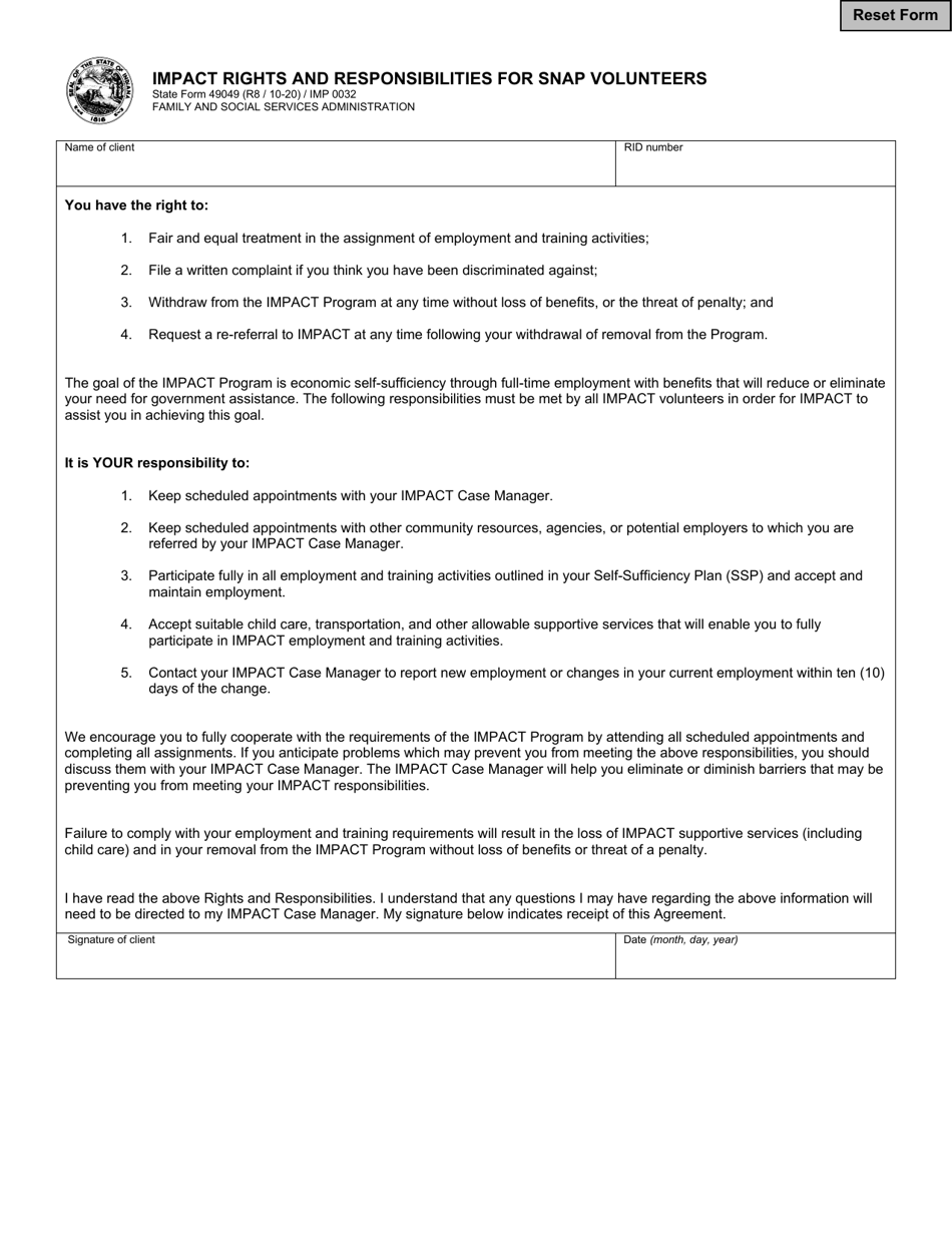 State Form 49049 Impact Rights and Responsibilities for Snap Volunteers - Indiana, Page 1