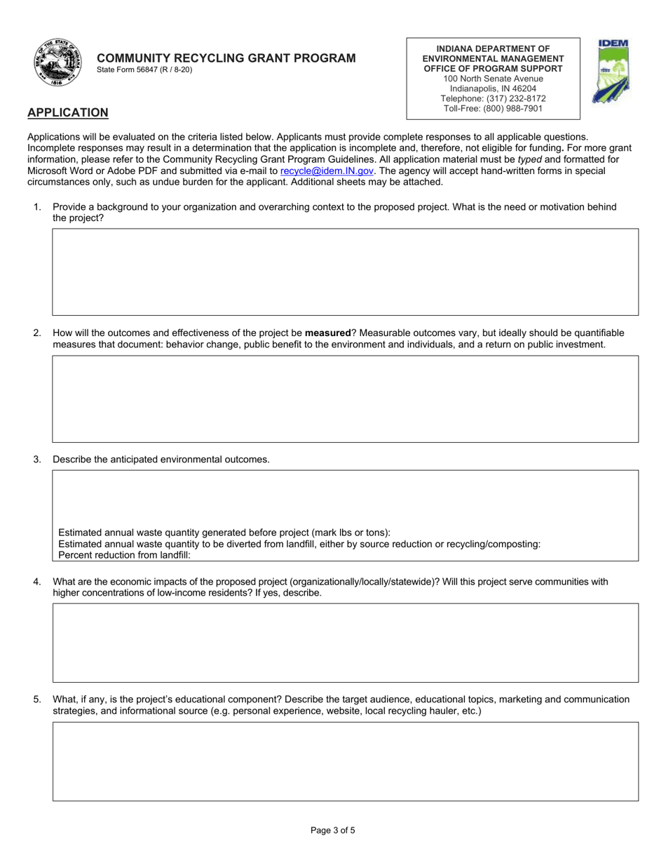 State Form 56847 Community Recycling Grant Program Application - Indiana, Page 3