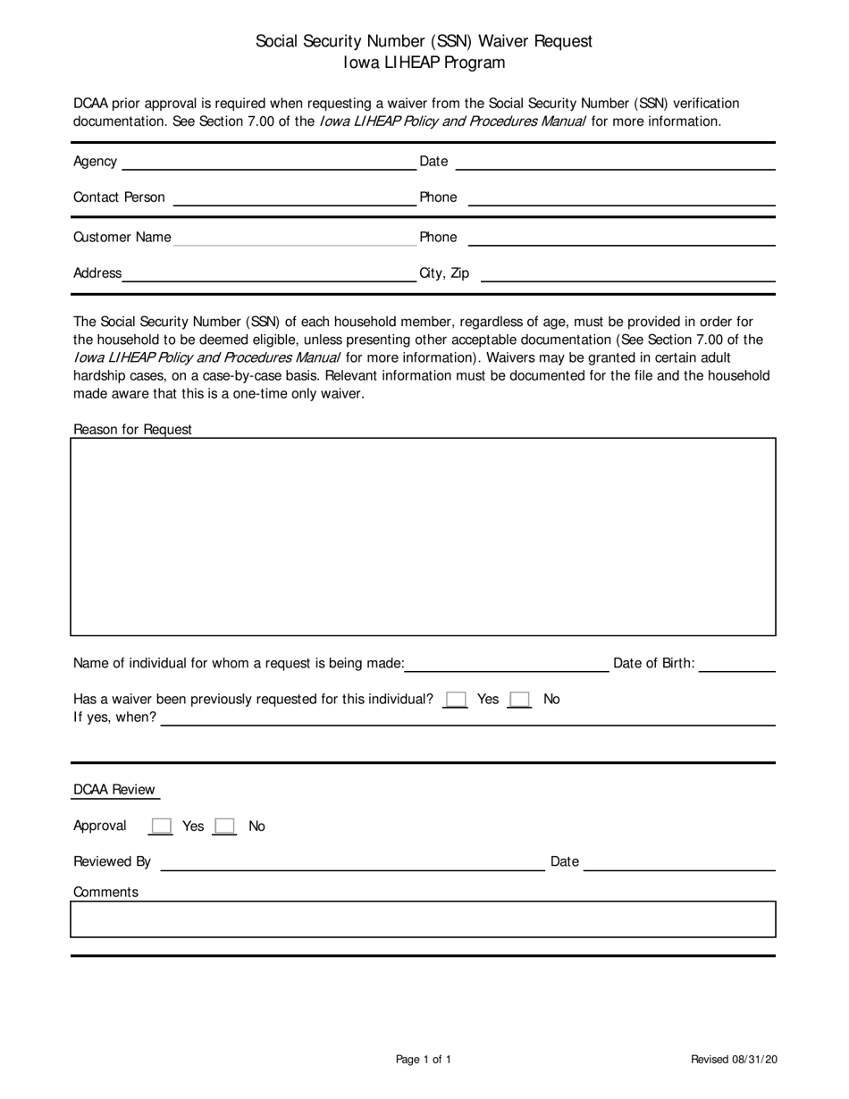 Social Security Number (Ssn) Waiver Request - Iowa, Page 1