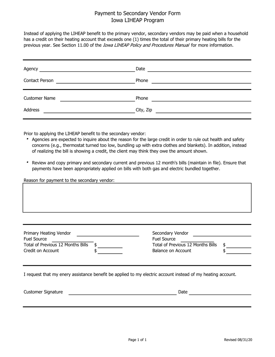 Payment to Secondary Vendor Form - Iowa, Page 1