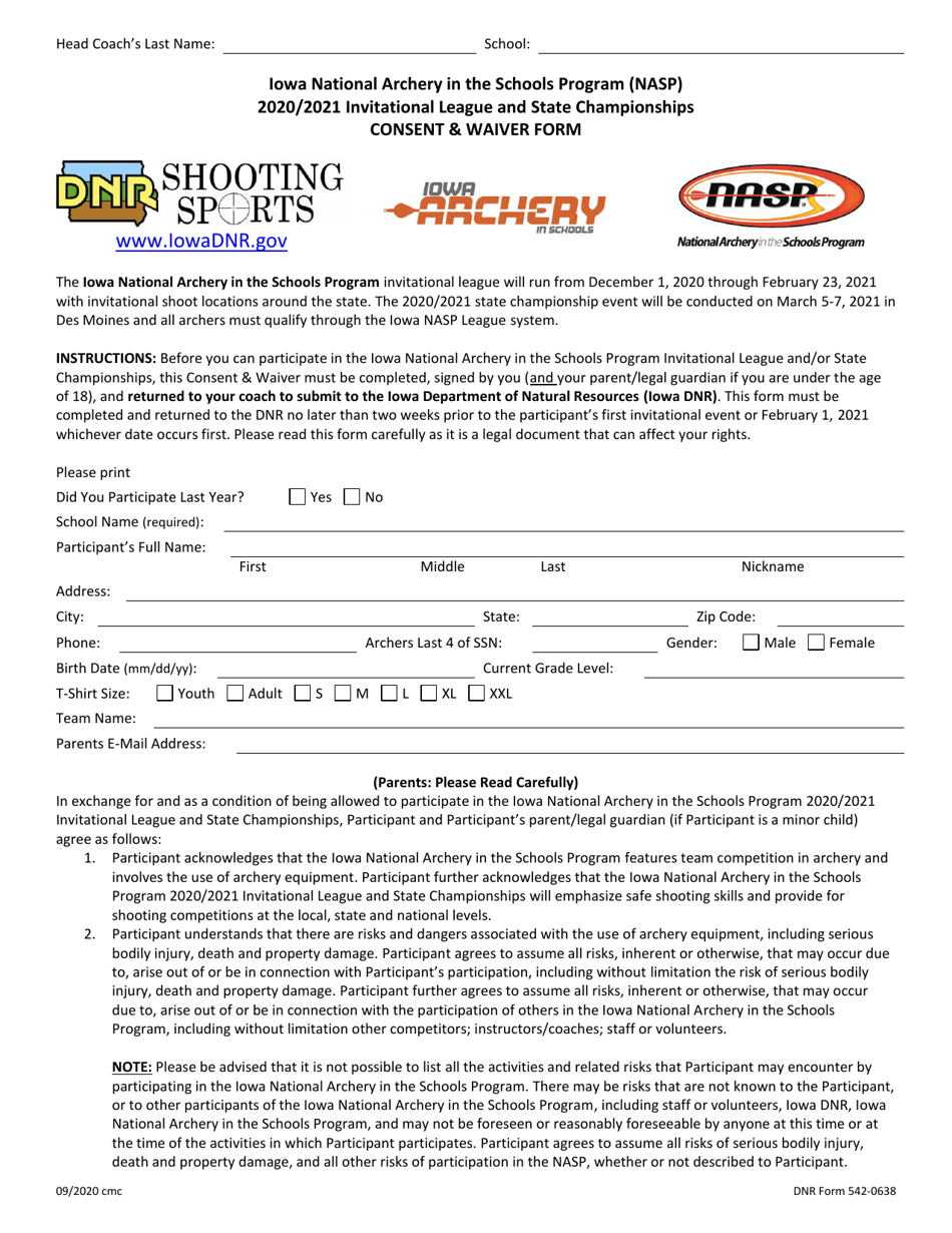DNR Form 542-0638 Iowa National Archery in the Schools Program (Nasp) Invitational League and State Championships Consent  Waiver Form - Iowa, Page 1