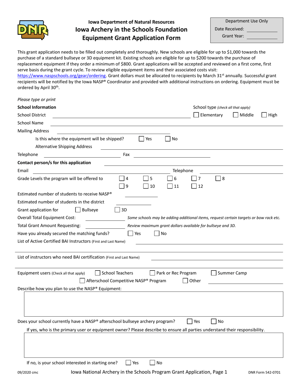 DNR Form 542-0701 Iowa Archery in the Schools Foundation Equipment Grant Application Form - Iowa, Page 1