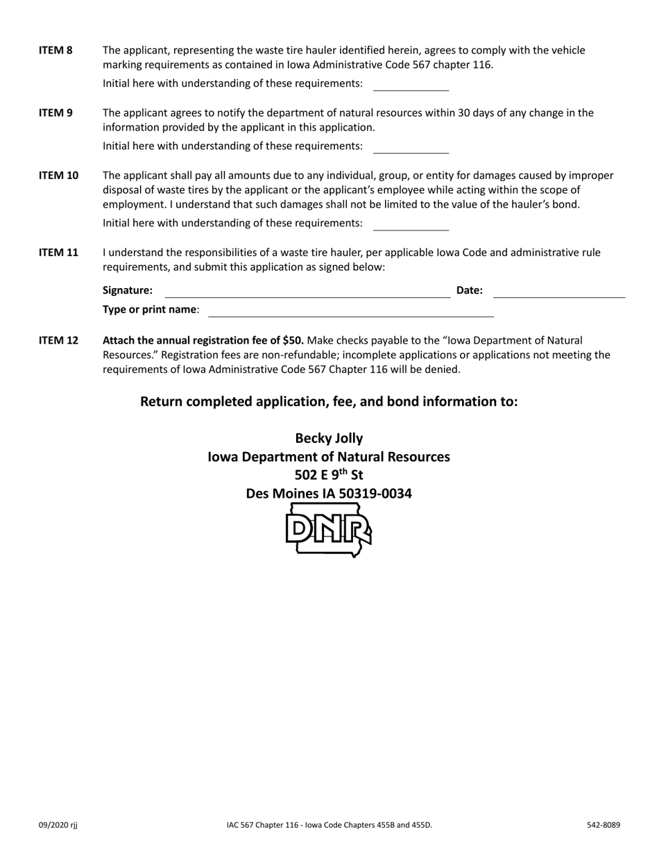 DNR Form 542-8089 Waste Tire Hauler Registration Application / Renewal Form - Iowa, Page 3