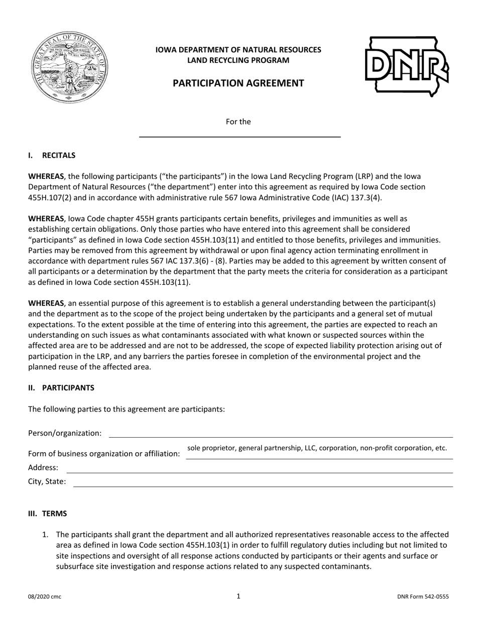 DNR Form 542-0555 Participation Agreement - Iowa, Page 1