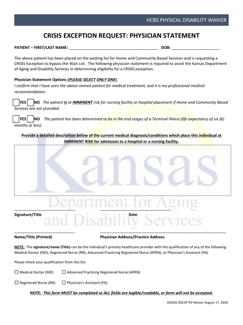 Crisis Exception Request: Physician Statement - Kansas Download Pdf