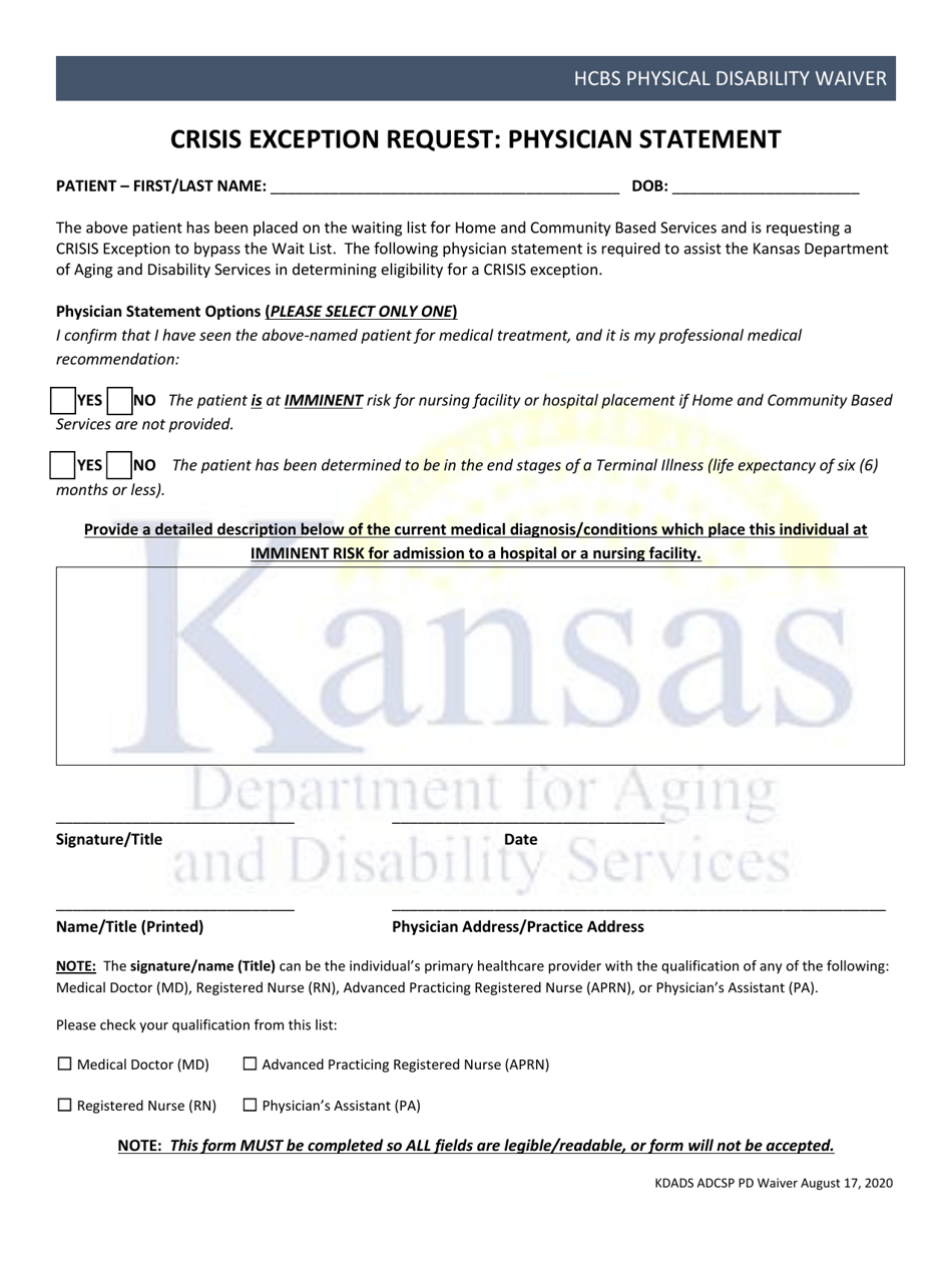 Crisis Exception Request: Physician Statement - Kansas, Page 1