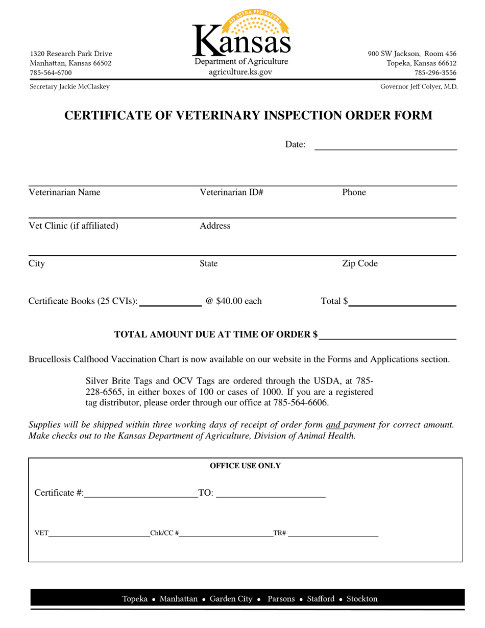 Kansas Certificate of Veterinary Inspection Order Form Download Fillable PDF Templateroller