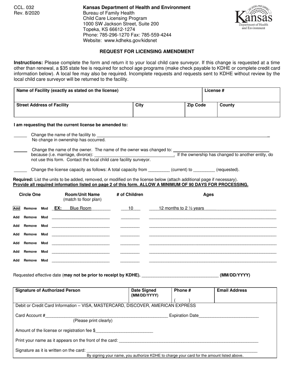 Form CCL.032 Request for Licensing Amendment - Kansas, Page 1