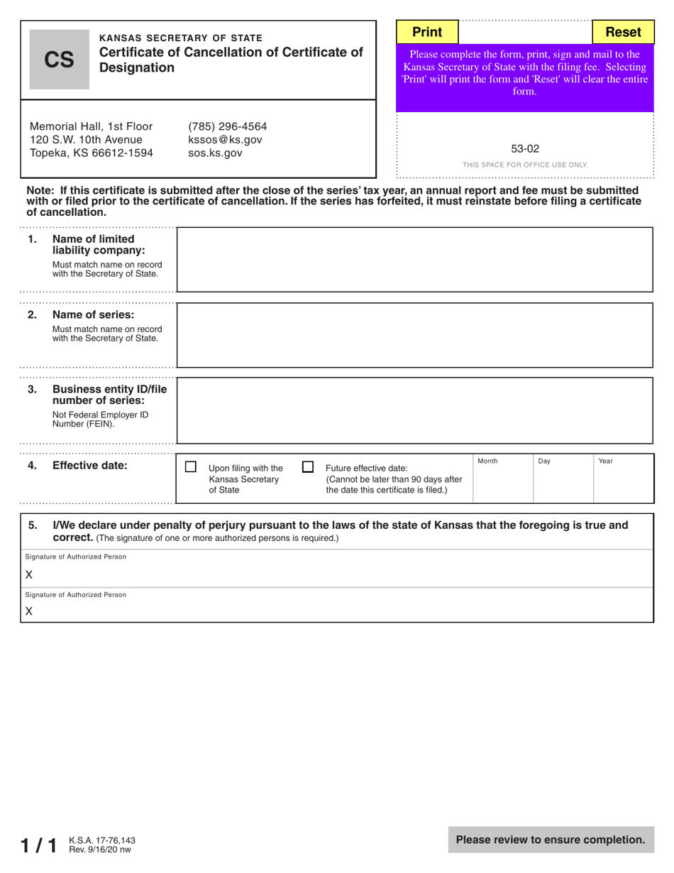 Form CS Certificate of Cancellation of Certificate of Designation - Kansas, Page 2