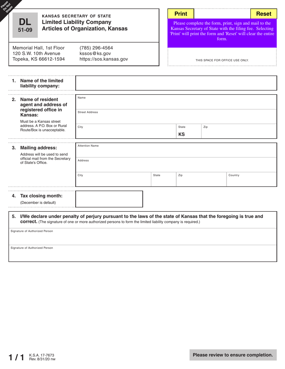 Form DL51-09 Kansas Limited Liability Company Articles of Organization - Kansas, Page 3