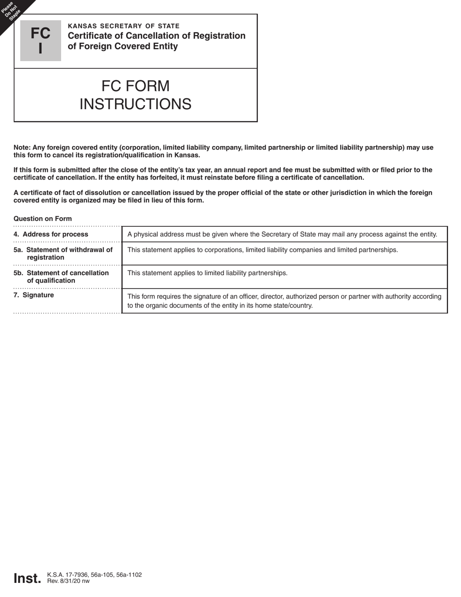 Form FC Certificate of Cancellation of Registration of Foreign Covered Entity - Kansas, Page 2