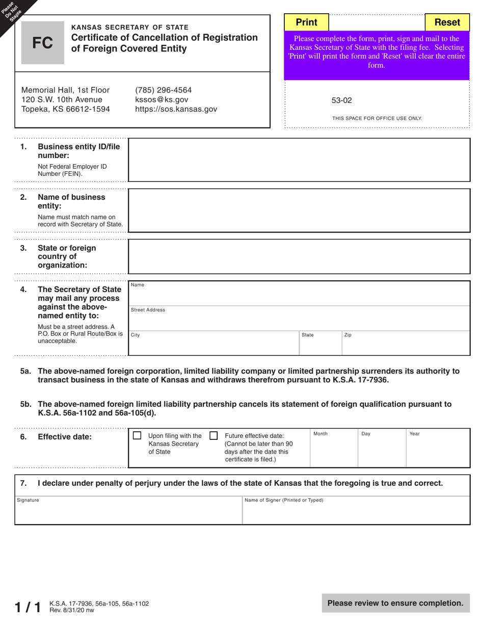 Form FC Certificate of Cancellation of Registration of Foreign Covered Entity - Kansas, Page 3