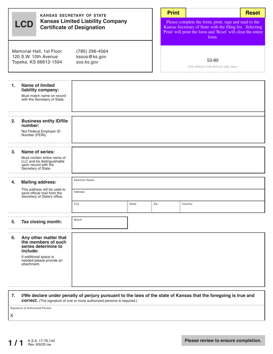 Form LCD Kansas Limited Liability Company Certificate of Designation - Kansas, Page 3