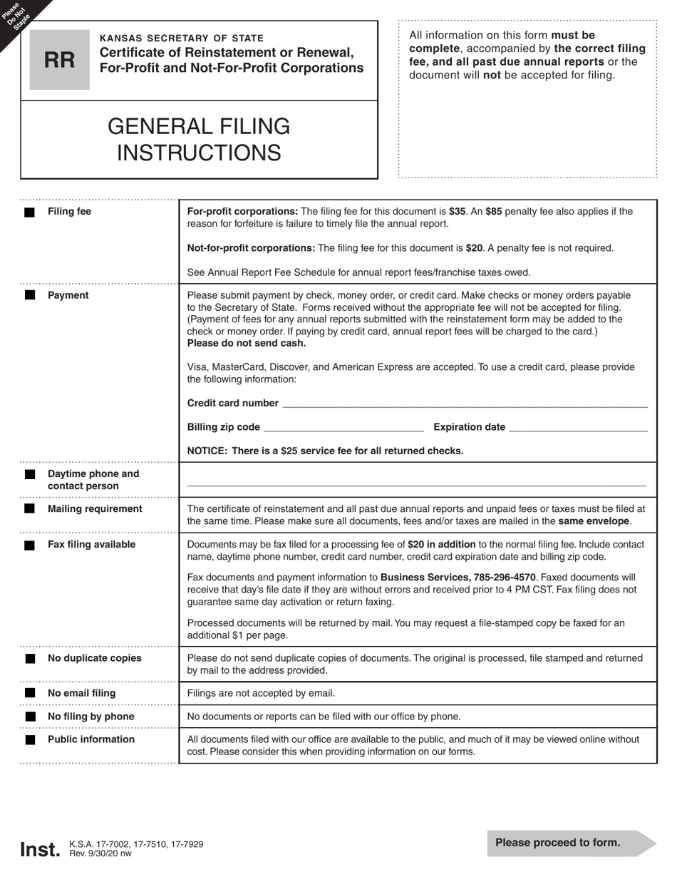 Form RR Certificate of Reinstatement or Renewal, for-Profit and Not-For-Profit Corporations - Kansas, Page 1