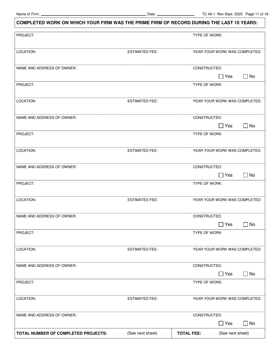 Form TC40-1 Consulting Engineer and Related Services Prequalification Application - Kentucky, Page 11