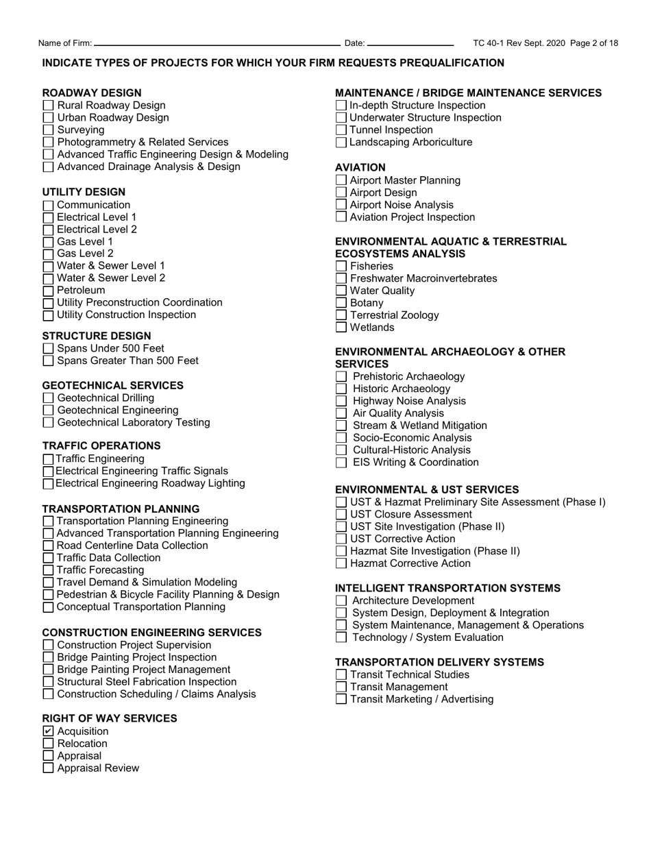 Form TC40-1 Consulting Engineer and Related Services Prequalification Application - Kentucky, Page 2