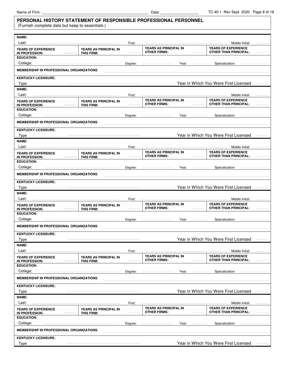 Form TC40-1 Consulting Engineer and Related Services Prequalification Application - Kentucky, Page 8