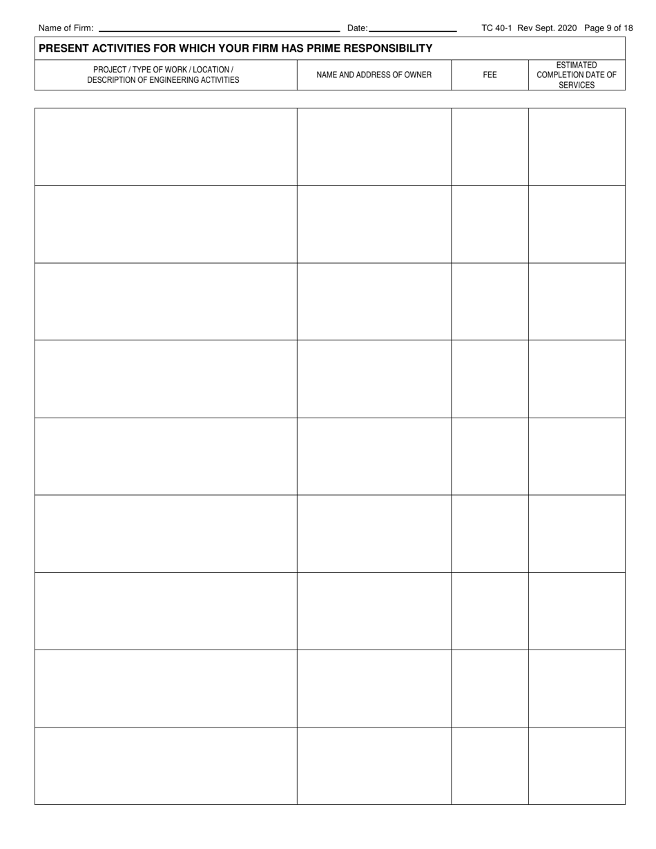 Form TC40-1 Consulting Engineer and Related Services Prequalification Application - Kentucky, Page 9