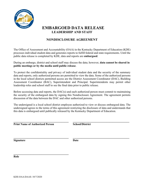 Embargoed Data Release - Leadership and Staff - Nondisclosure Agreement - Kentucky Download Pdf
