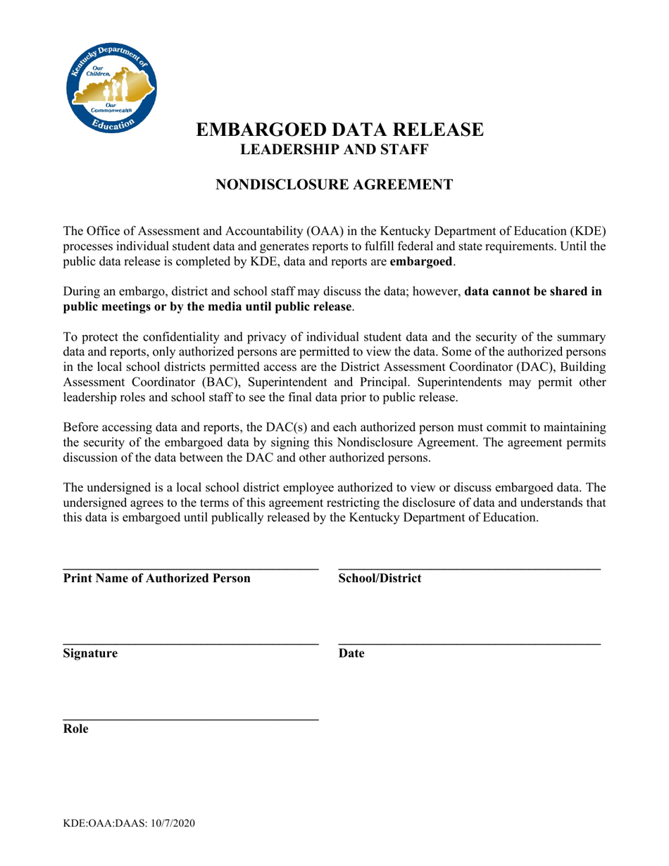 Embargoed Data Release - Leadership and Staff - Nondisclosure Agreement - Kentucky, Page 1