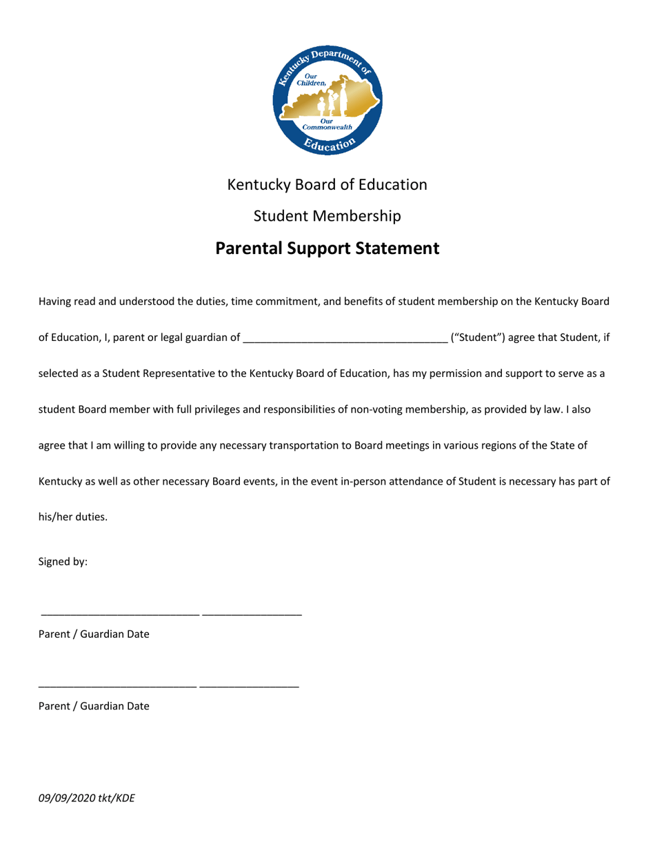 Parental Support Statement - Kentucky, Page 1