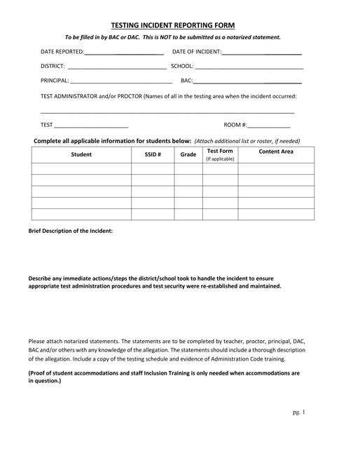 Testing Incident Reporting Form - Kentucky Download Pdf