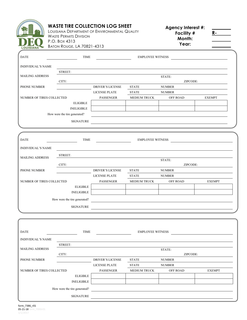 Form 7386 Waste Tire Collection Log Sheet - Louisiana, Page 1