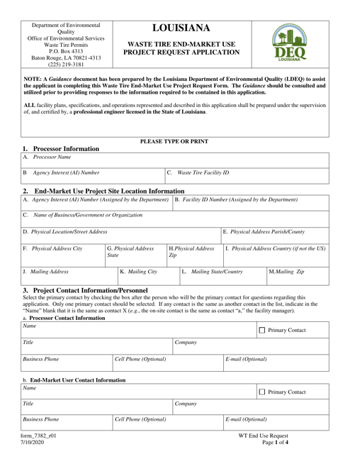 Form 7382 Waste Tire End-Market Use Project Request Application - Louisiana