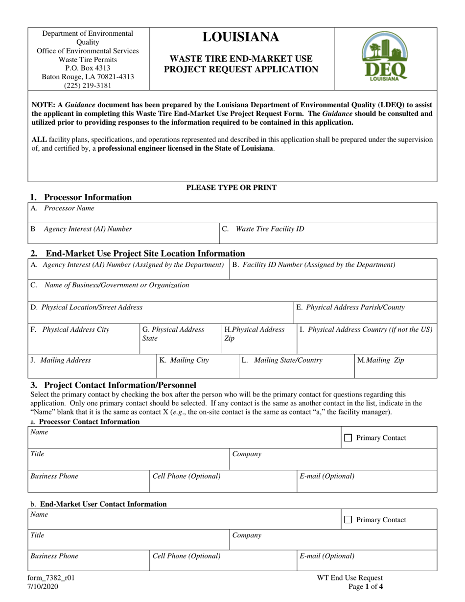Form 7382 Waste Tire End-Market Use Project Request Application - Louisiana, Page 1