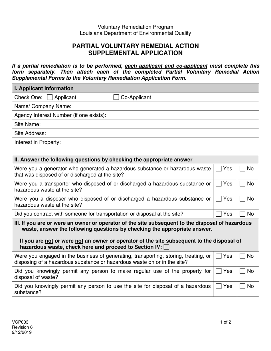 Form VCP003 Partial Voluntary Remedial Action Supplemental Application - Louisiana, Page 1