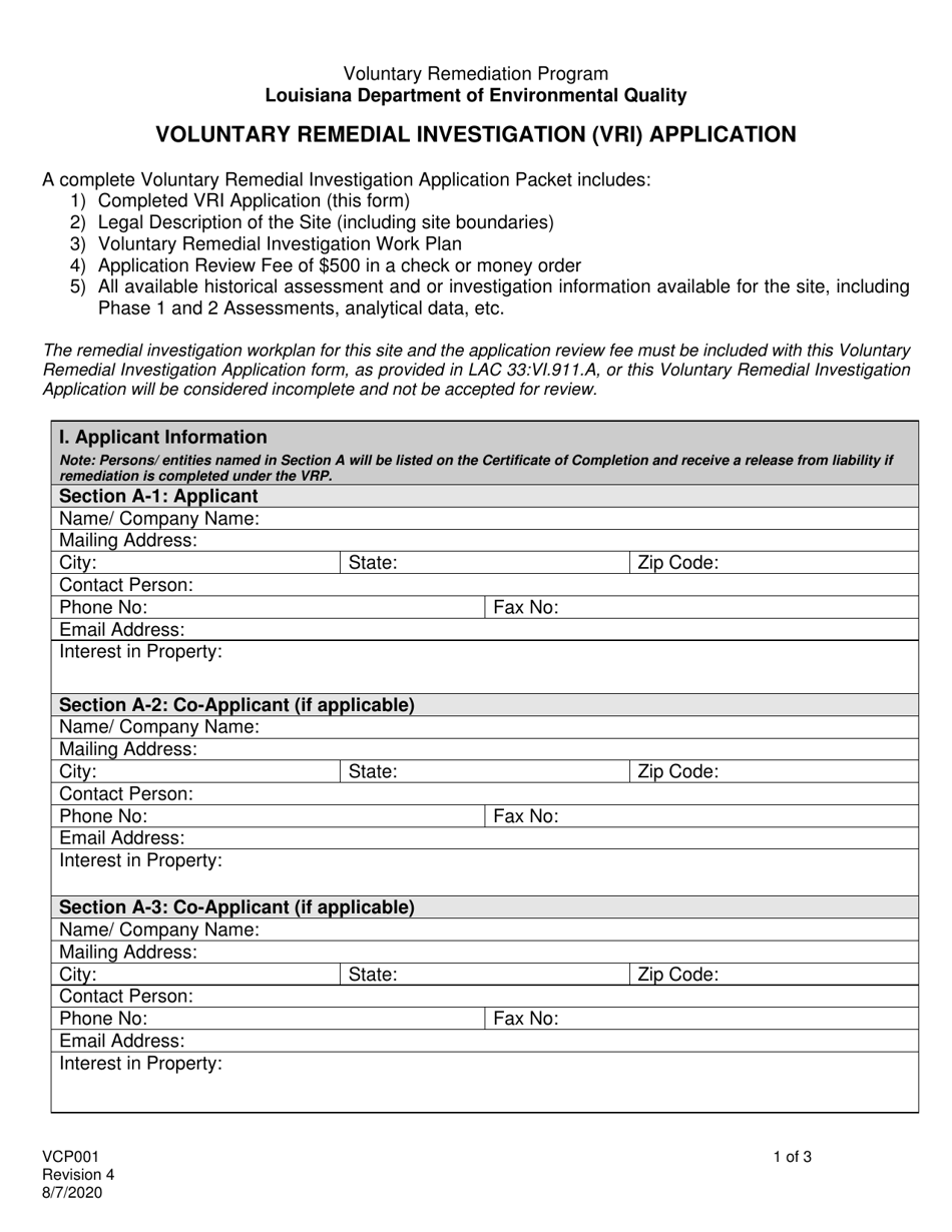 Form VCP001 Voluntary Remedial Investigation (Vri) Application - Louisiana, Page 1