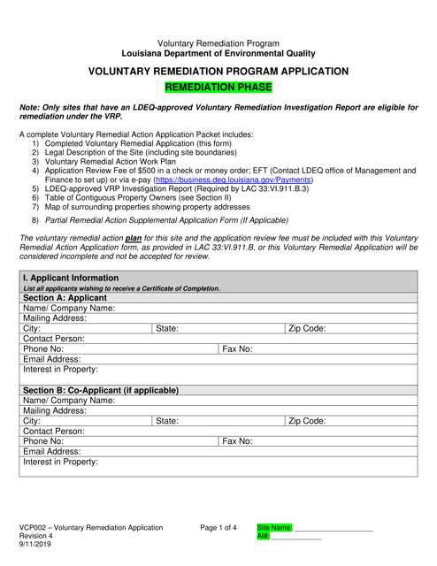 Form VCP002 Voluntary Remediation Program Application - Remediation Phase - Louisiana
