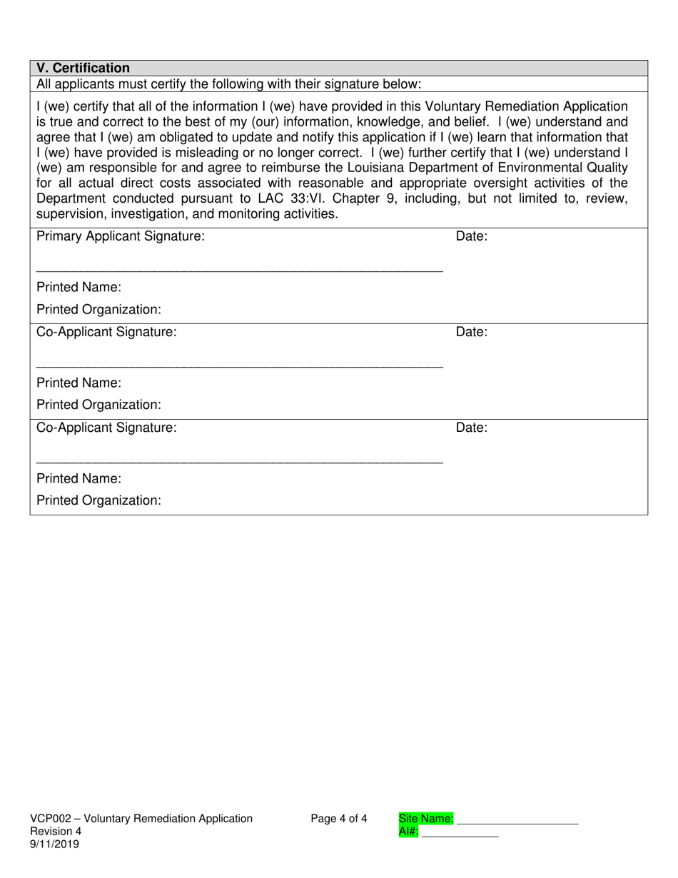 Form VCP002 Voluntary Remediation Program Application - Remediation Phase - Louisiana, Page 4