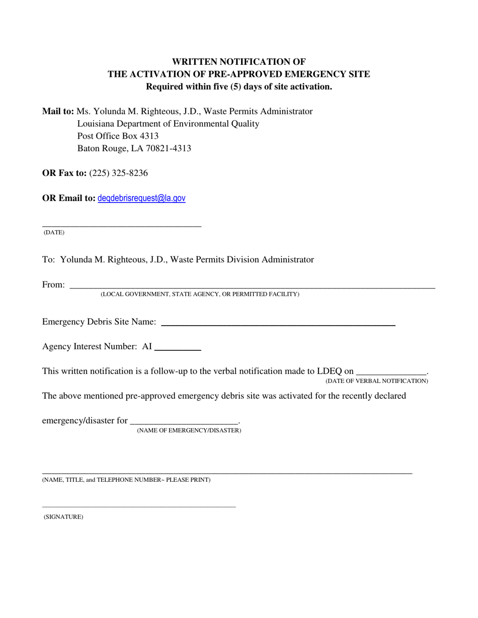 Written Notification of the Activation of Pre-approved Emergency Site - Louisiana, Page 1