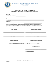Affidavit of Loss of Original Certificate of Authority or Approval - Louisiana