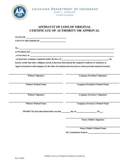 Affidavit of Loss of Original Certificate of Authority or Approval - Louisiana