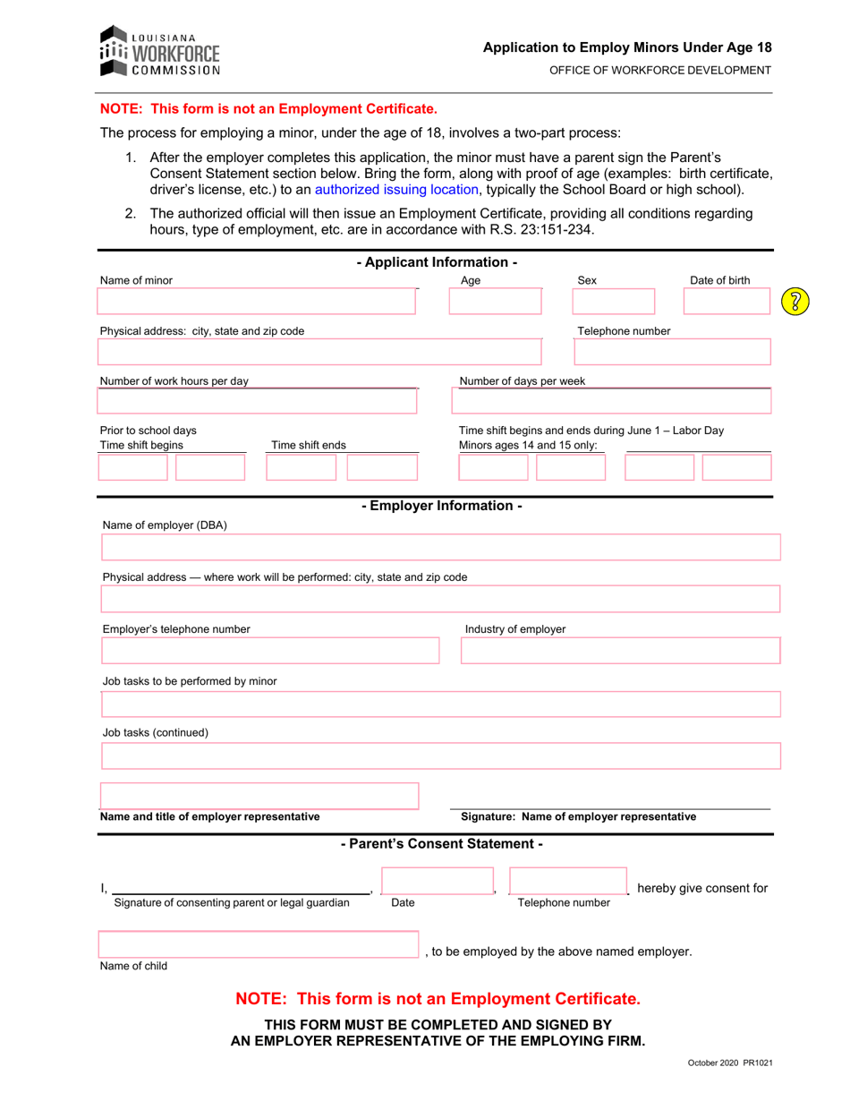 Form PR1021 Application to Employ Minors Under Age 18 - Louisiana, Page 1