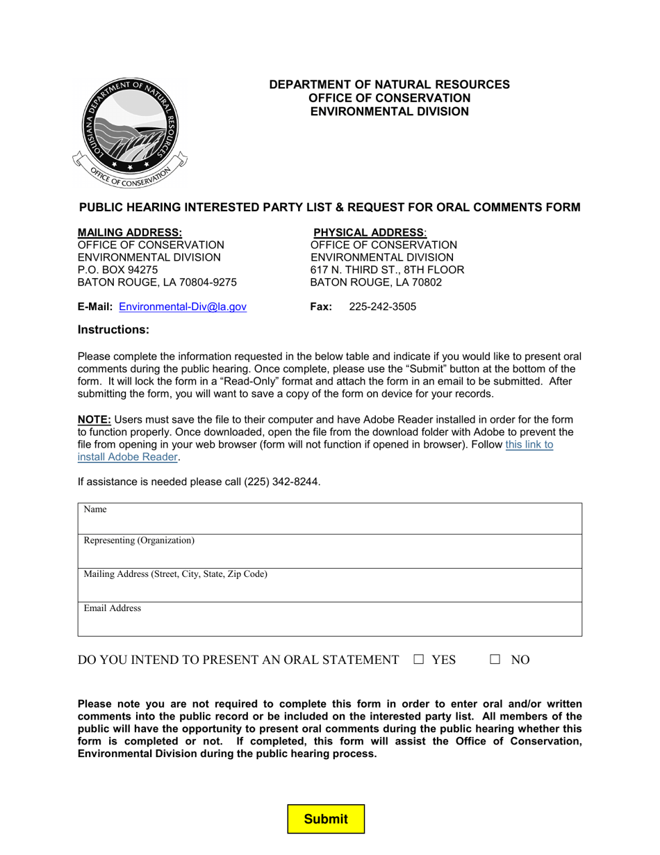Public Hearing Interested Party List  Request for Oral Comments Form - Louisiana, Page 1