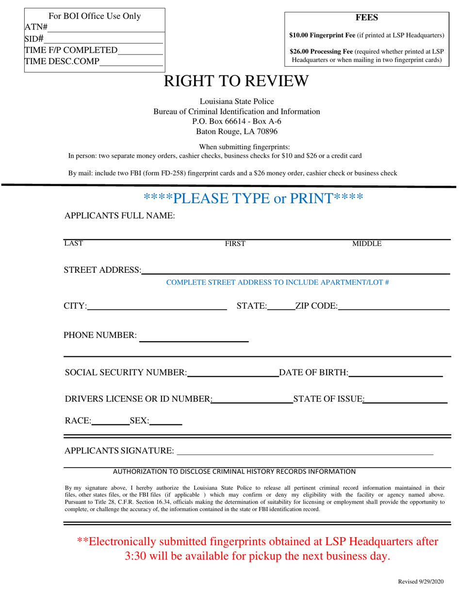 Right to Review Authorization Form - Louisiana, Page 1