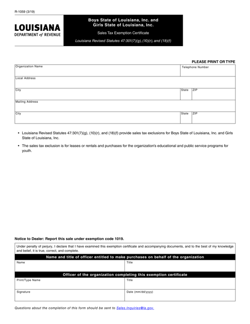 Document preview: Form R-1059 Boys State of Louisiana, Inc. and Girls State of Louisiana, Inc. Sales Tax Exemption Certificate - Louisiana