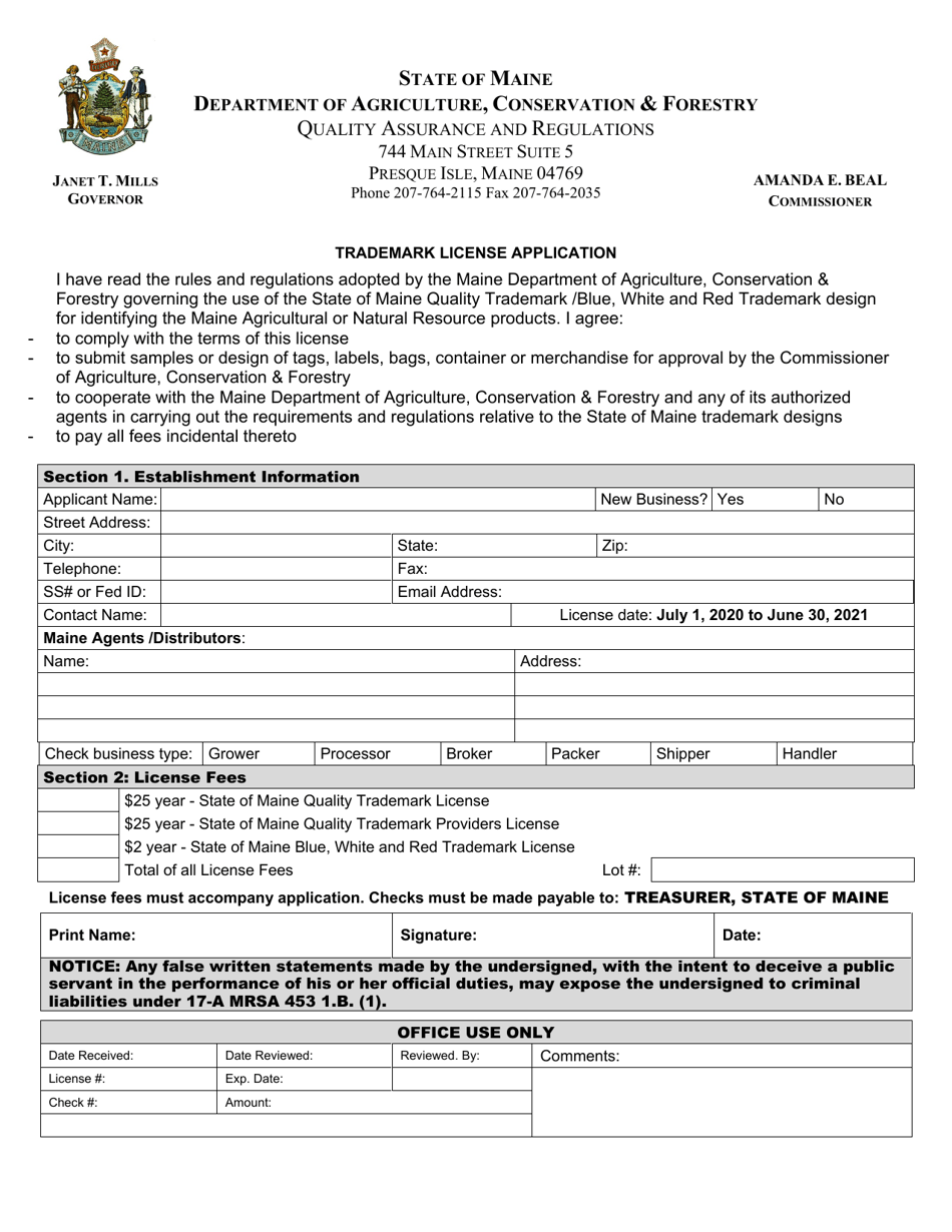Trademark License Application - Maine, Page 1
